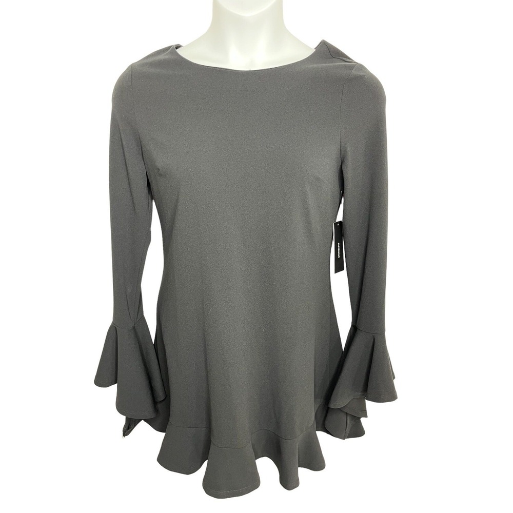 Lulus Women's M Medium Black Bell Ruffle Long Sleeve Dress Body Con Stretch‎ NWT